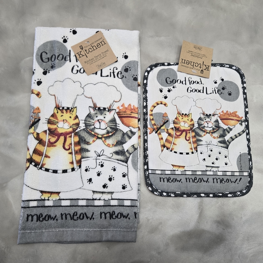 For A Well Dressed Kitchen- Cat-Themed Kitchen Terry Towel and Pot Holder Set